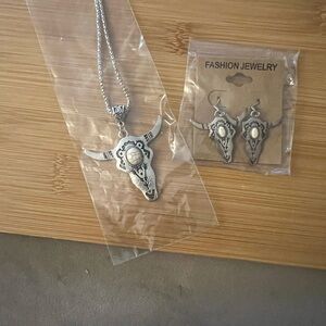 Silver Bull Skull Necklace and Earring Set
